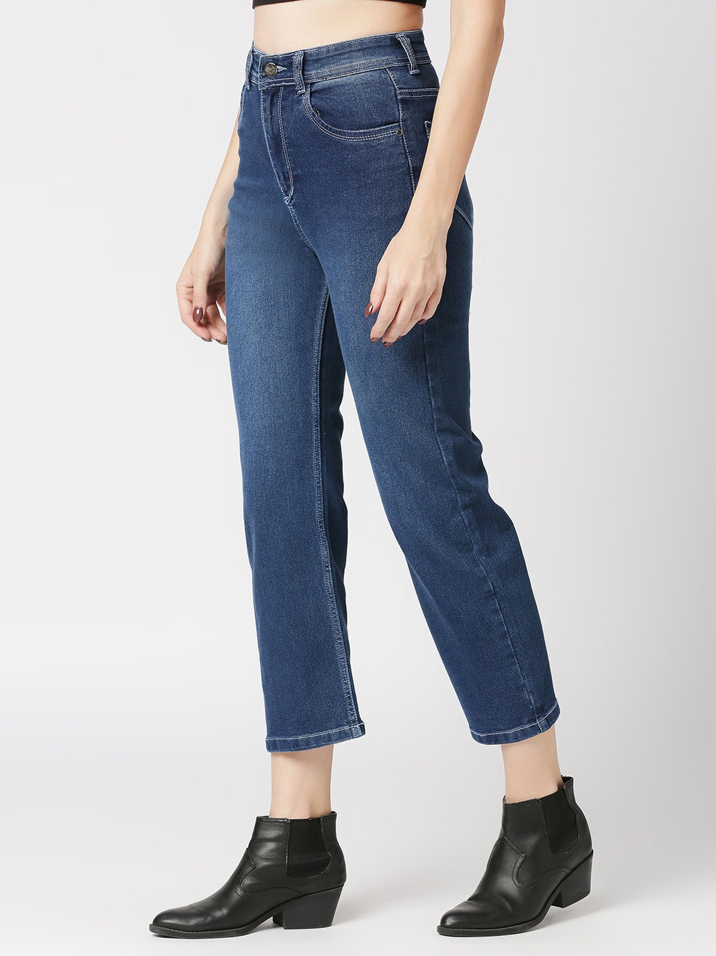 Cefalu®️ Blue Straight Fit Moms Jeans for Women High Waist Ankle Length Boyfriend Stretchable Denim Pants