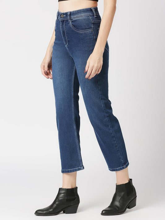 Cefalu®️ Blue Straight Fit Moms Jeans for Women High Waist Ankle Length Boyfriend Stretchable Denim Pants