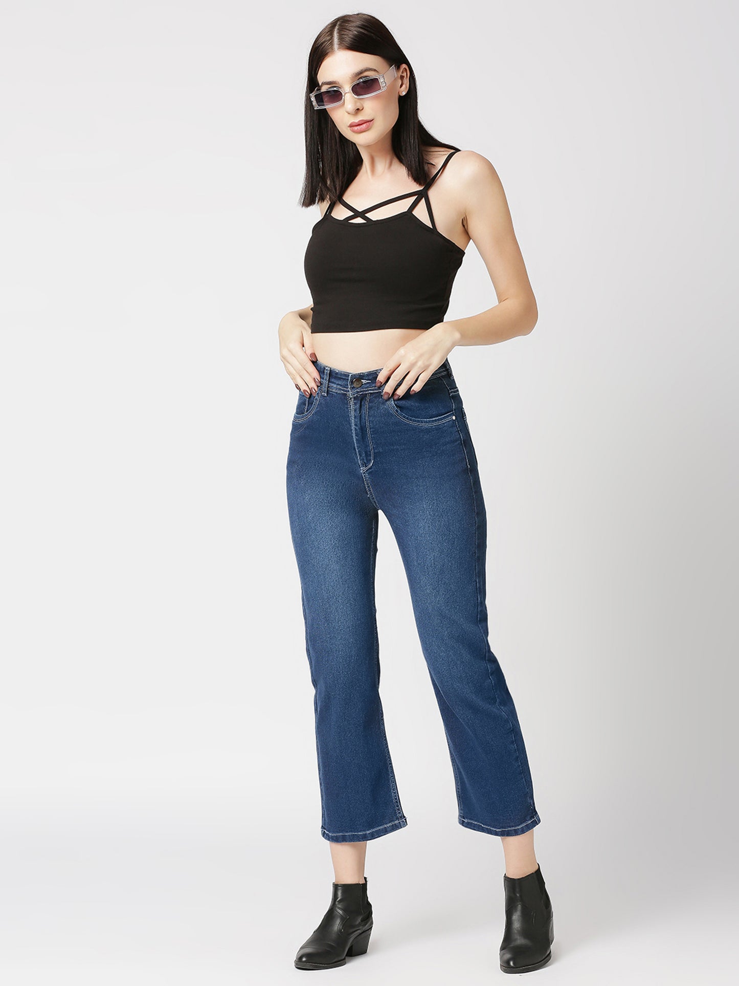Cefalu®️ Blue Straight Fit Moms Jeans for Women High Waist Ankle Length Boyfriend Stretchable Denim Pants