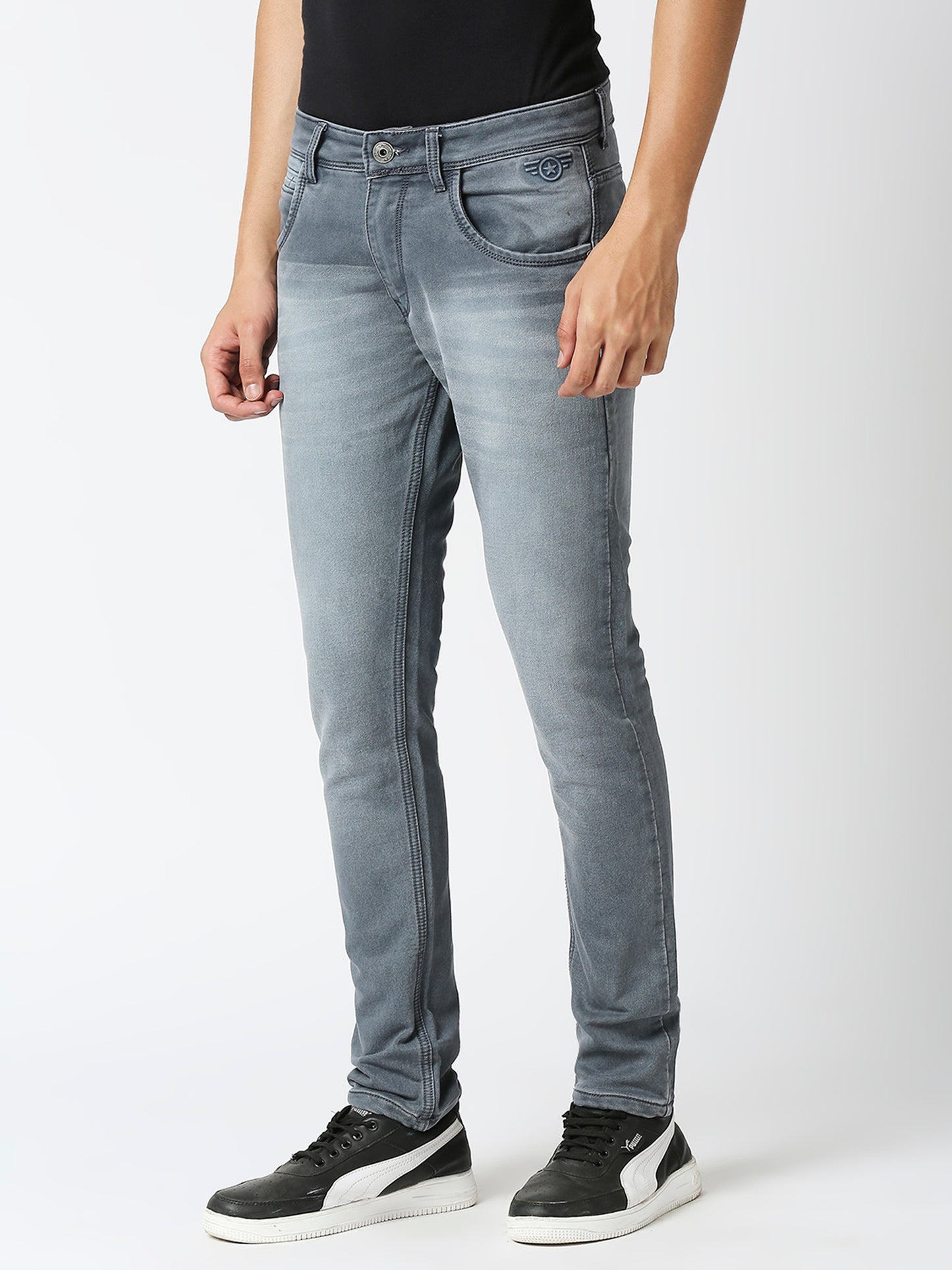 TCI Men's Grey Blue Slim Fit Stretchable Cotton knits Jeans with Whisker Details