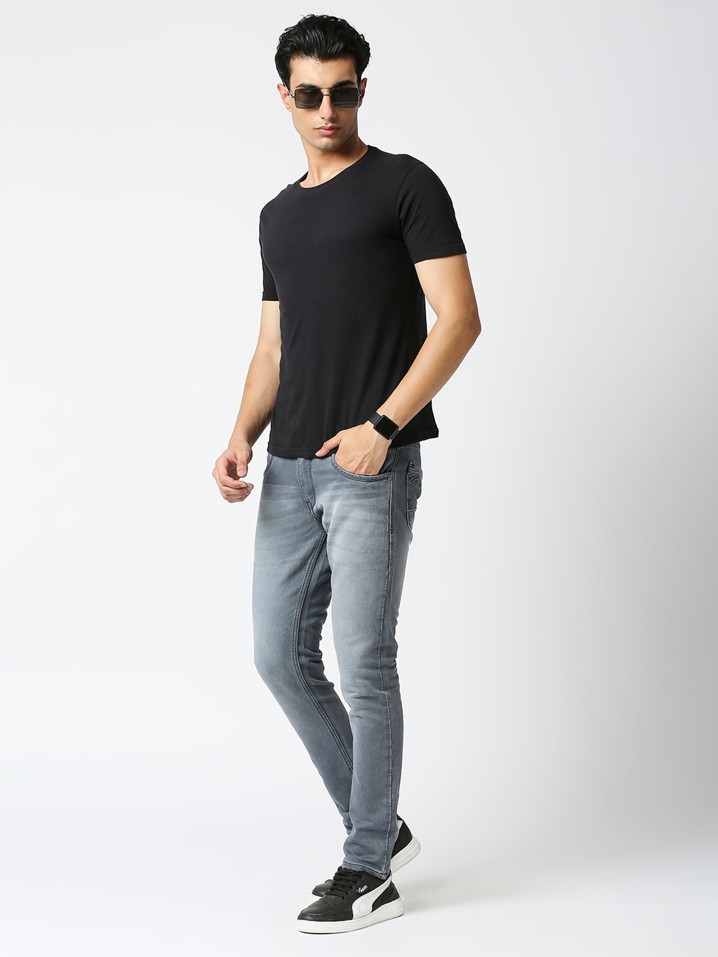 TCI Men's Grey Blue Slim Fit Stretchable Cotton knits Jeans with Whisker Details