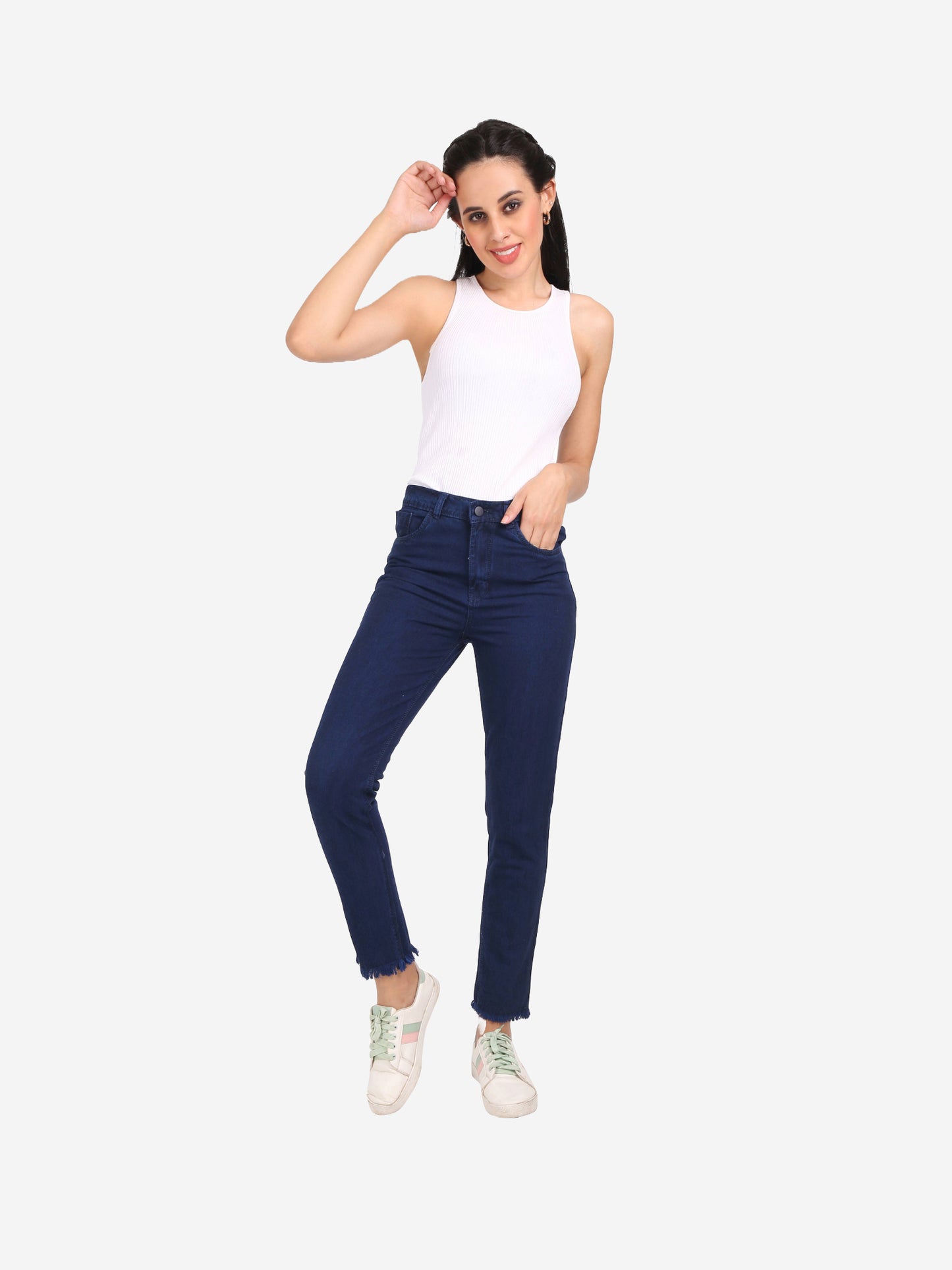 Cefalu Women's Dark Blue Mid-Rise Mom Jeans styled with a casual tee - Example of versatile outfit pairing for various occasions.