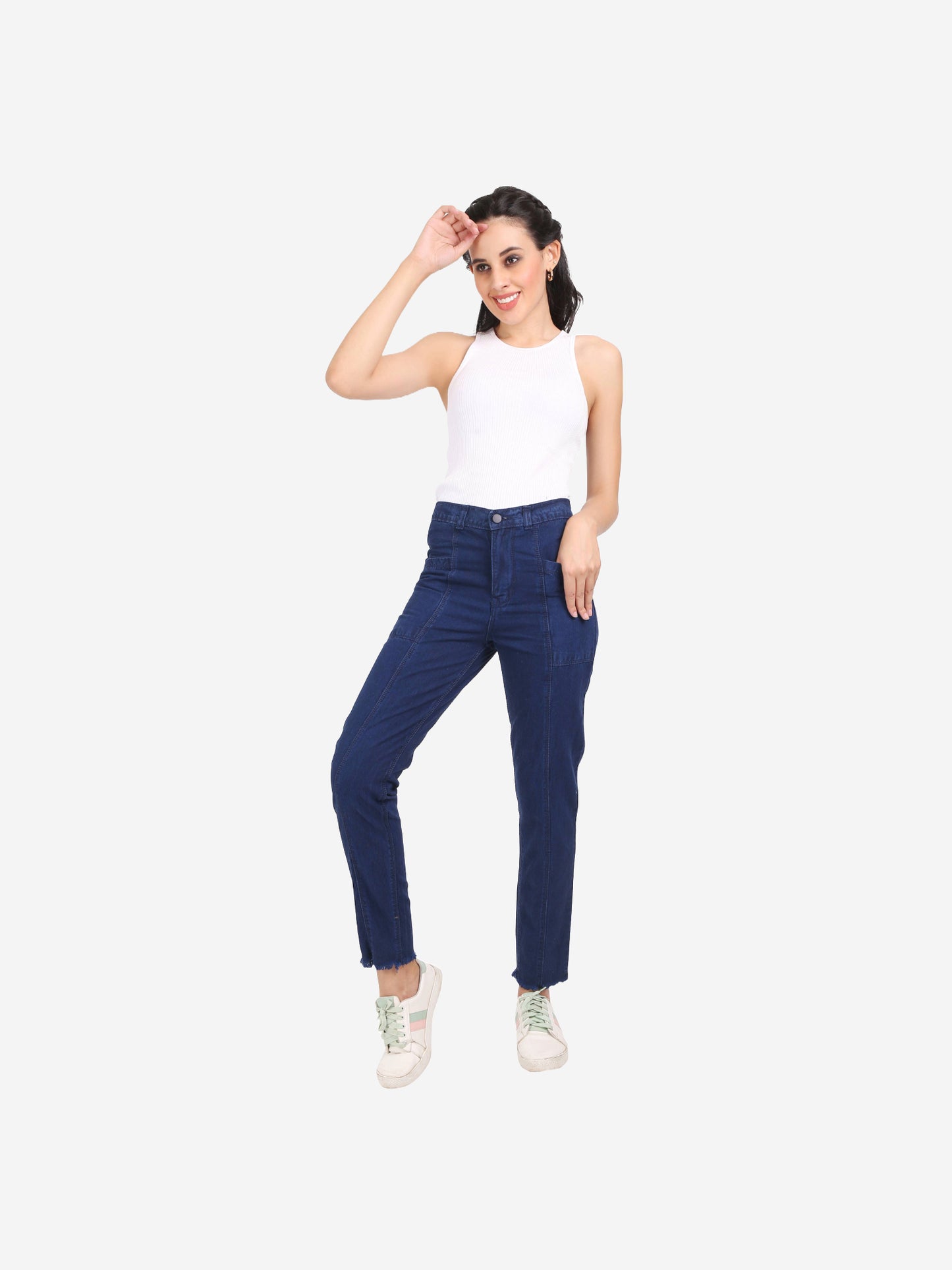Cefalu Women's Dark Blue Mid-Rise Mom Jeans styled with a casual tee - Example of versatile outfit pairing for any occasion.