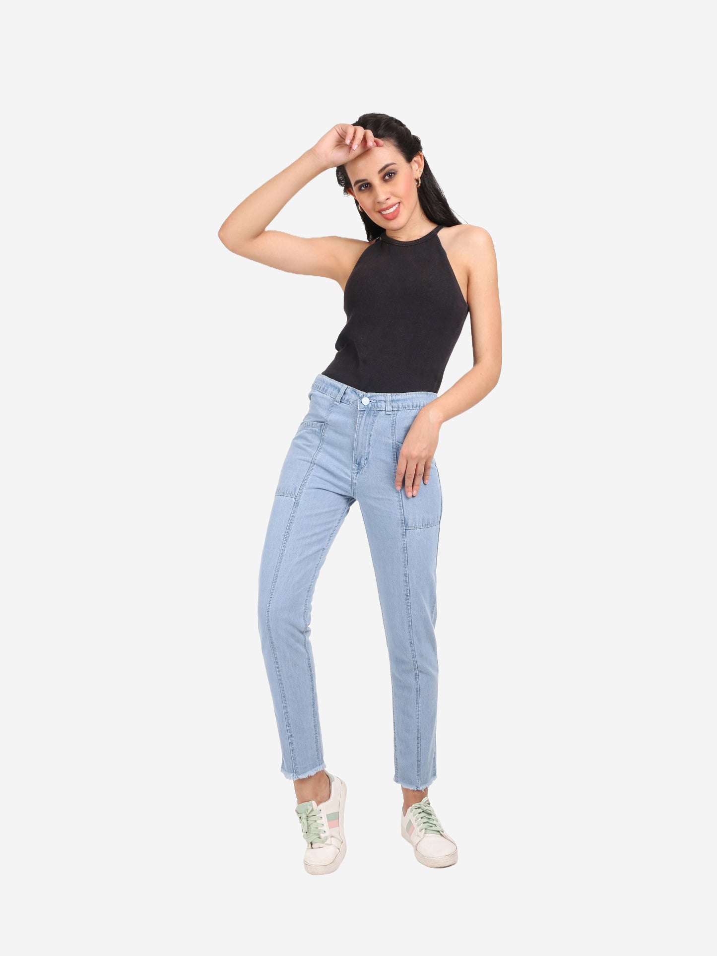 Cefalu Women's Light Blue Mid-Rise Mom Jeans styled with a casual tee - Example of versatile outfit pairing for various occasions.