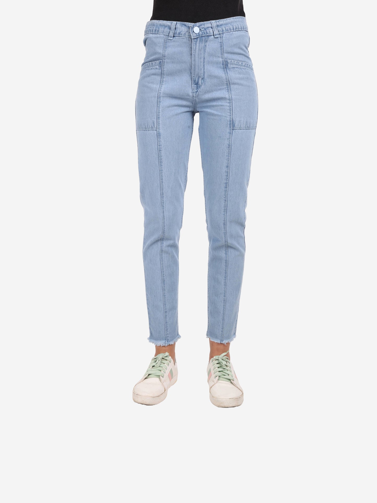 Cefalu Women's Light Blue Mid-Rise Mom Jeans - Front view highlighting trendy raw edge hem and stylish fit.