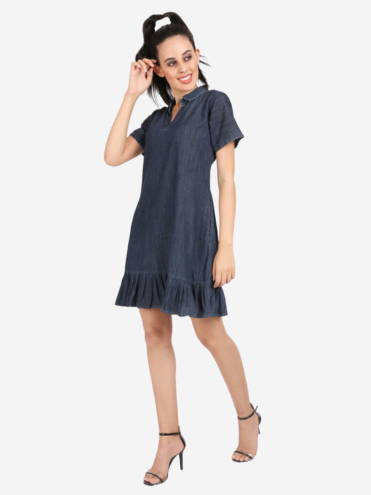 Front View of Cefalu Women's Grey Denim Dress - Fit & Flare Midi with Mandarin Collar and Side Pockets