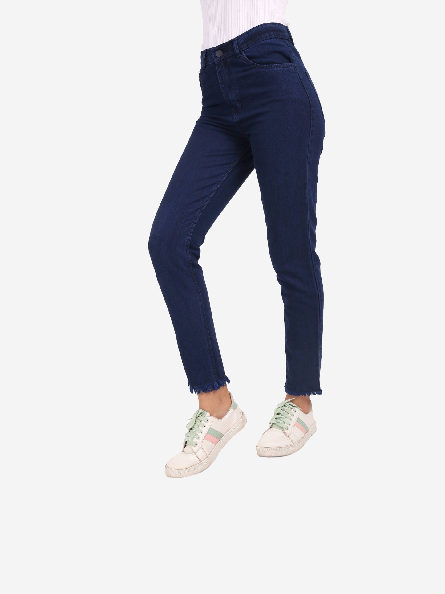 Cefalu Women's Dark Blue Mid-Rise Mom Jeans - Side view showing relaxed fit and modern raw edge detail.