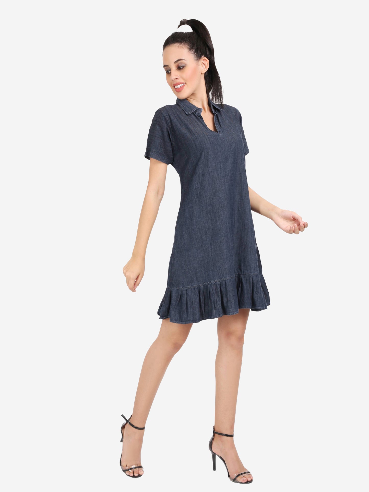 Cefalu Women's Grey Denim Dress Styled with Accessories - Fit & Flare Midi with Mandarin Collar