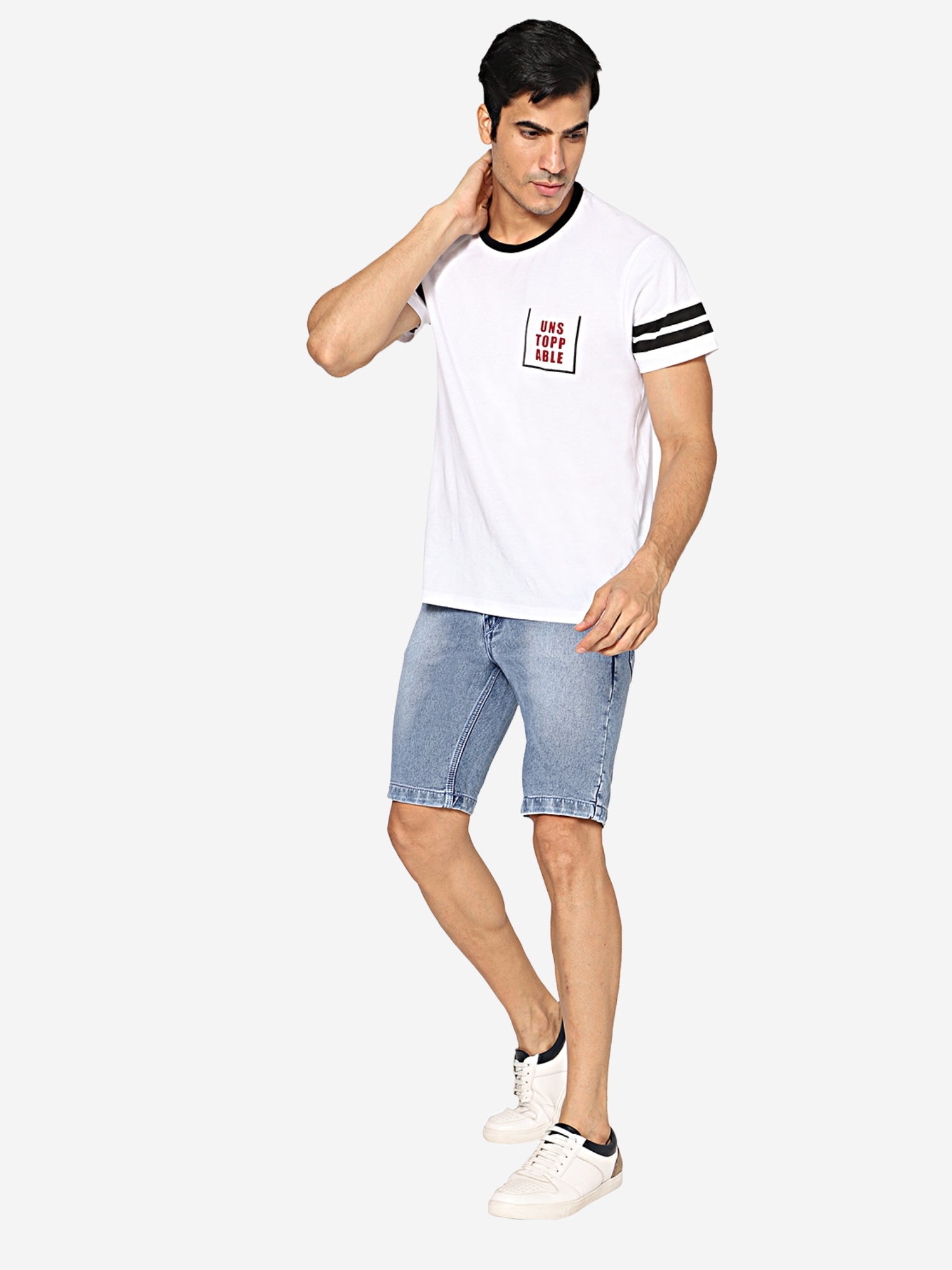 Model in a casual setting wearing TCI Men’s Light Blue Denim Shorts, demonstrating the relaxed fit and stylish design.