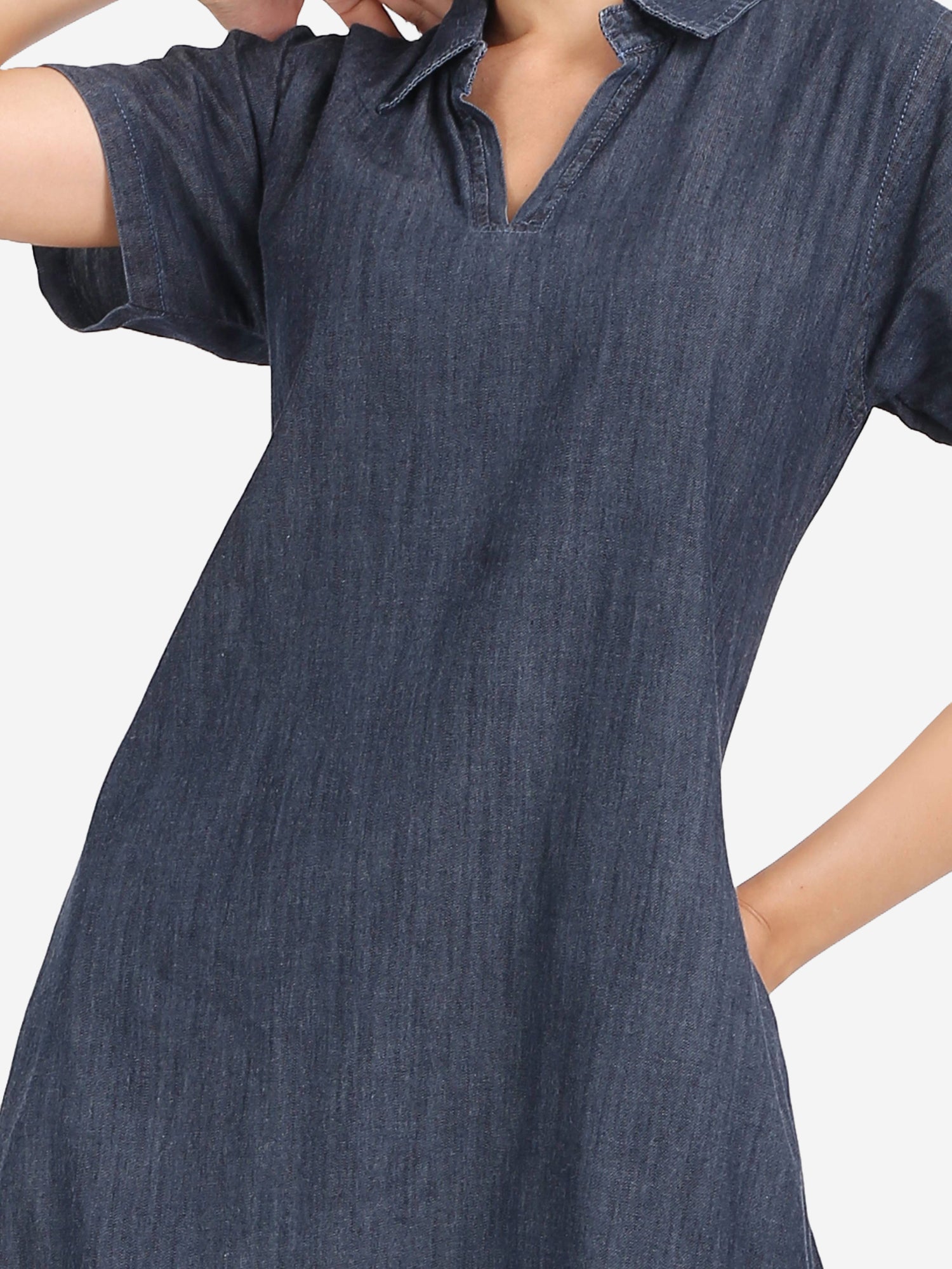 Close-Up of Mandarin Collar and Half Sleeves on Cefalu Women's Grey Denim Dress