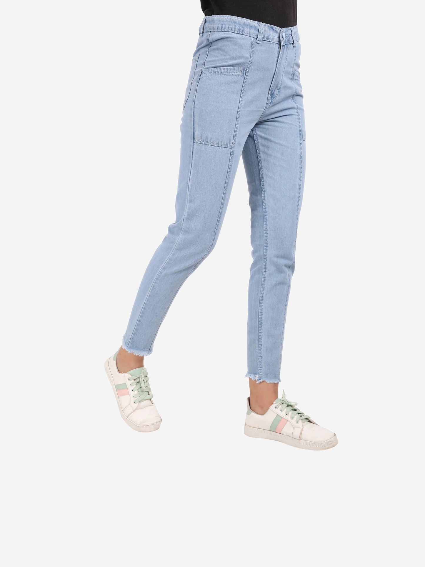 Cefalu Women's Light Blue Mid-Rise Mom Jeans - Side view showing relaxed fit and contemporary raw edge detail.