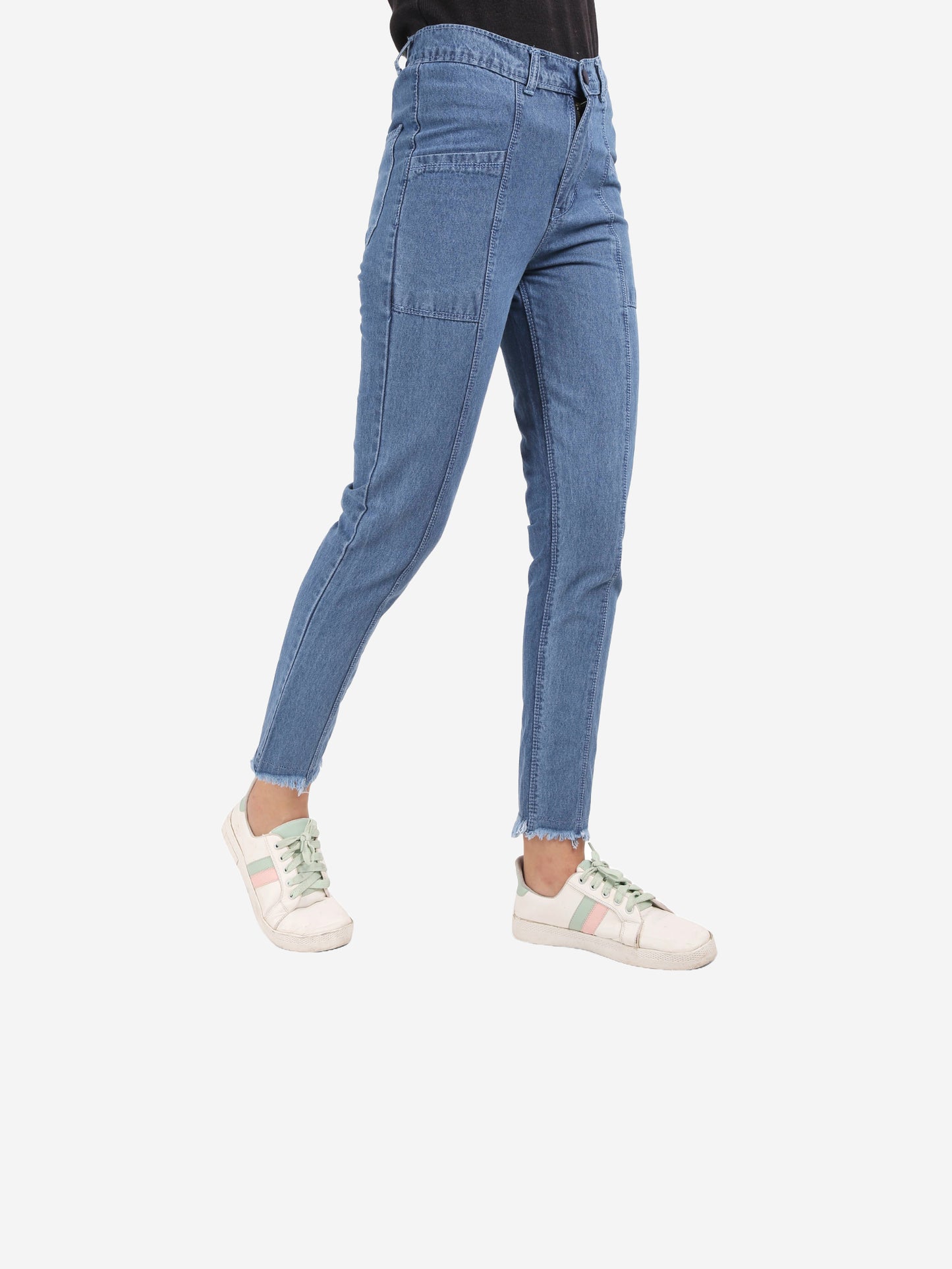 Cefalu Women's Blue Mid-Rise Mom Jeans - Side view highlighting relaxed fit and modern raw edge detail.