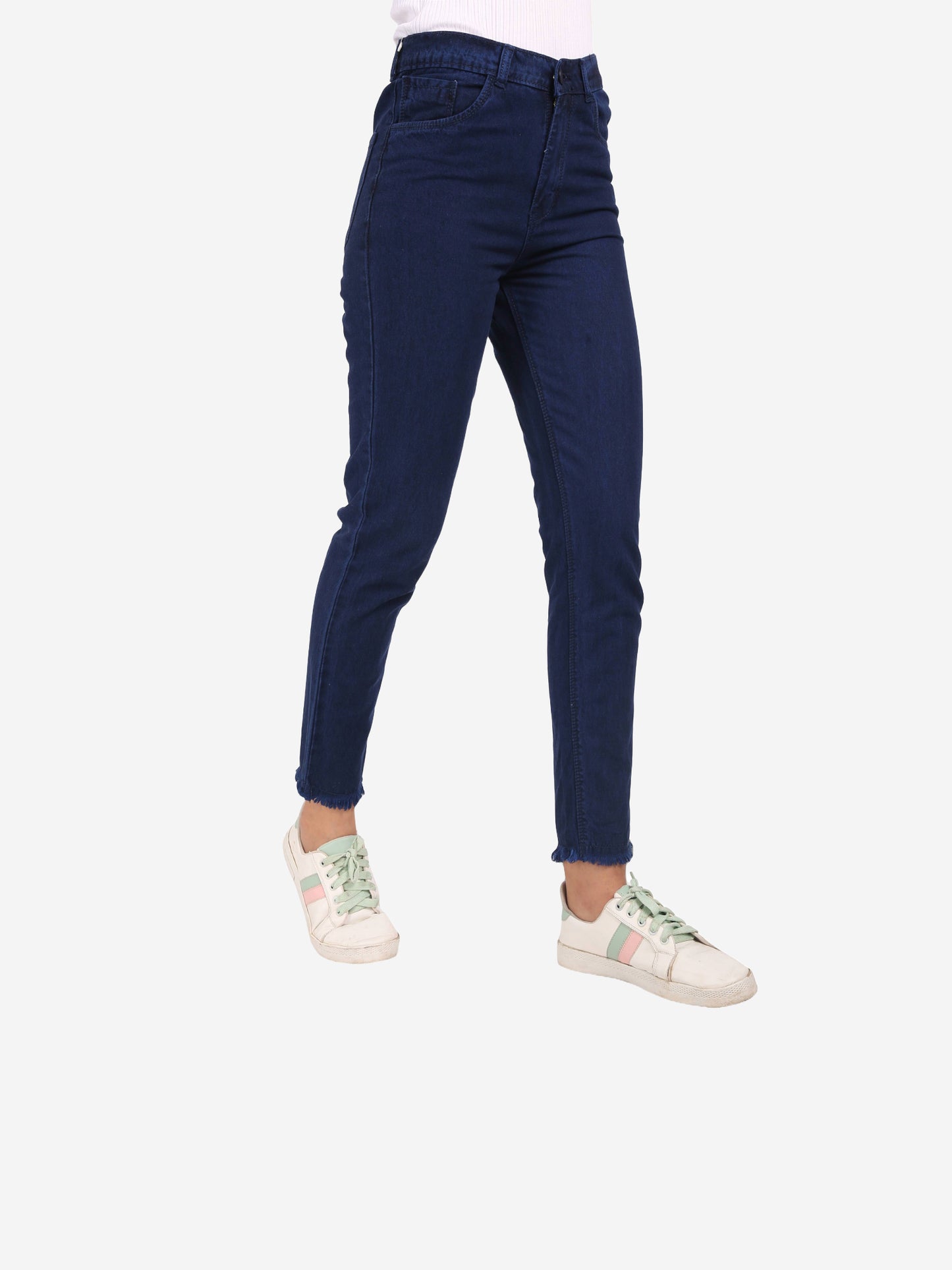 Cefalu Women's Dark Blue Mid-Rise Mom Jeans - Side view showing relaxed fit and modern raw edge detail.