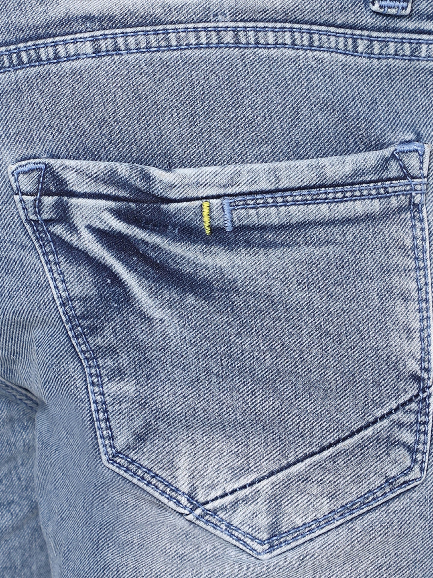 Detail of the back pockets on TCI Men’s Light Blue Denim Shorts, showing the design and stitching.