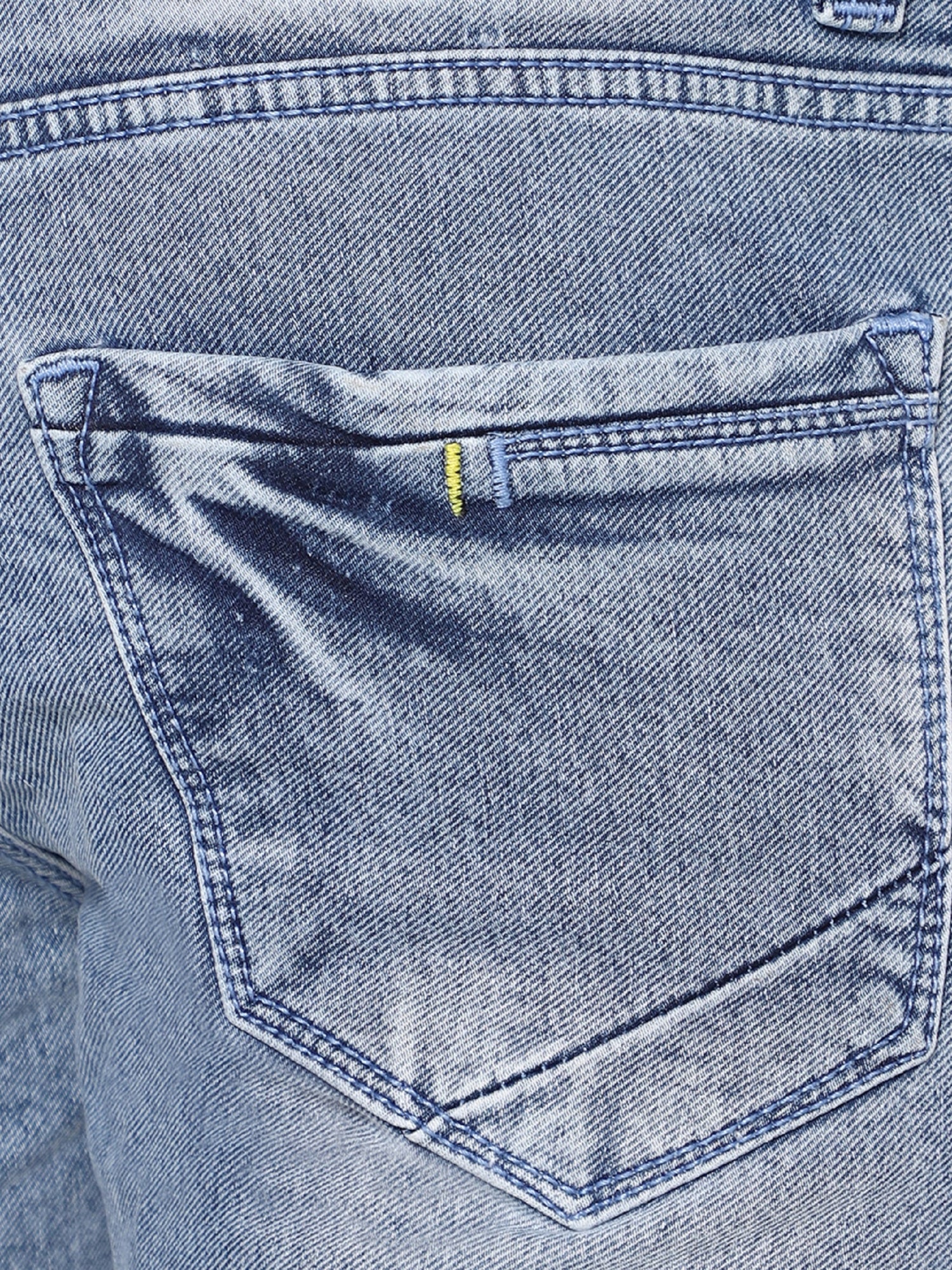 Detail of the back pockets on TCI Men’s Light Blue Denim Shorts, showing the design and stitching.