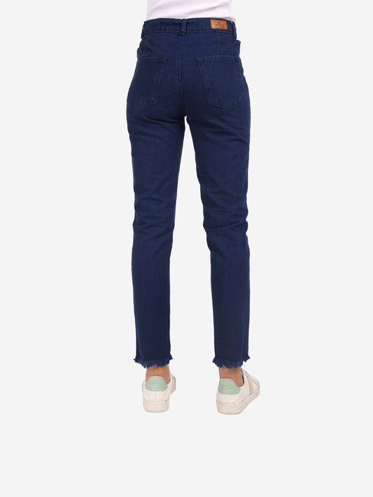 Cefalu Women's Dark Blue Mid-Rise Mom Jeans - Back view emphasizing classic design and comfortable fit.