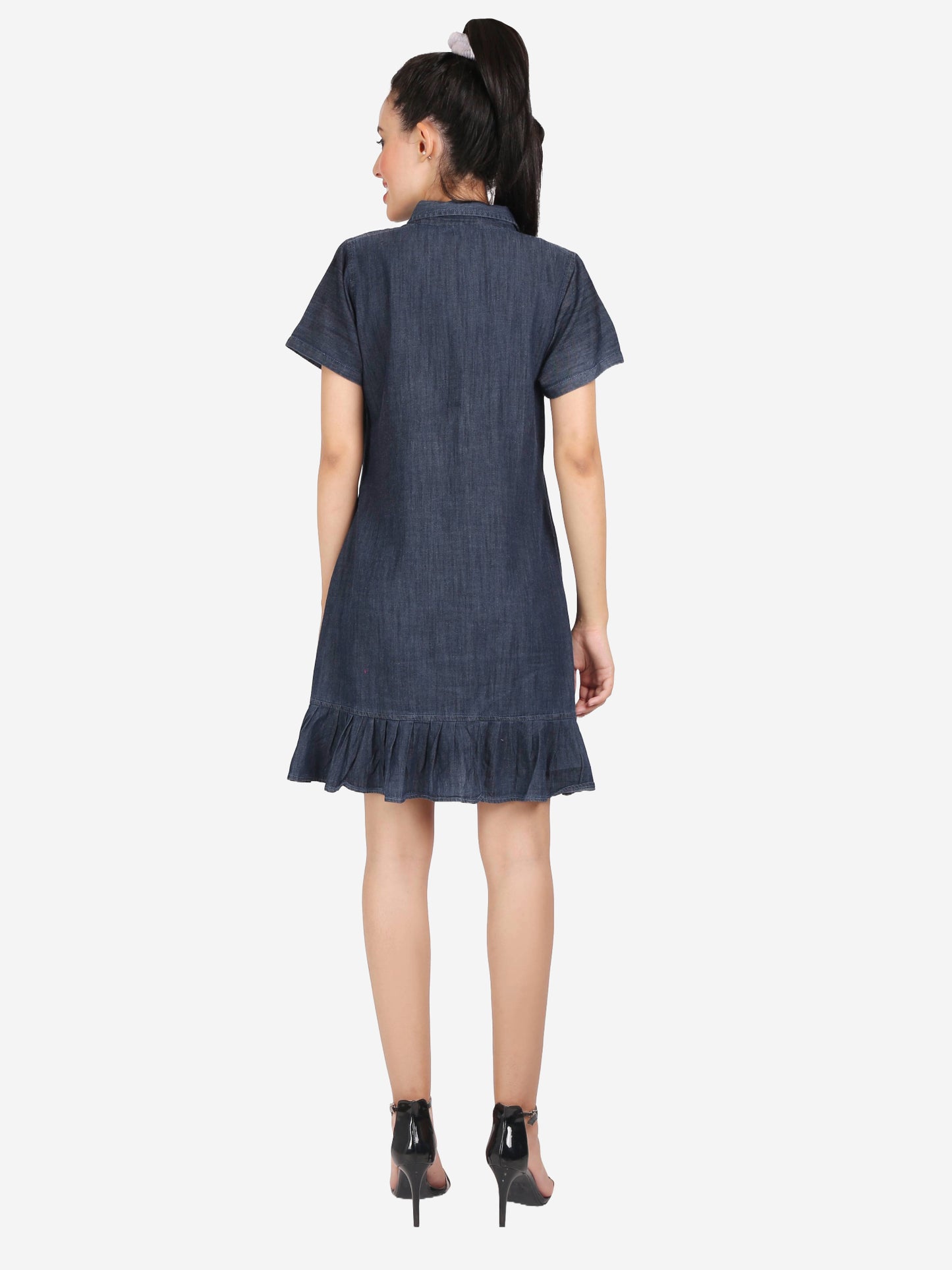 Back View of Cefalu Women's Grey Denim Dress - Fit & Flare Midi with Side Pockets and Half Sleeves