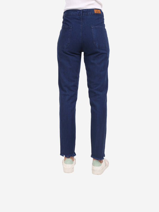 Cefalu Women's Dark Blue Mid-Rise Mom Jeans - Back view emphasizing the classic design and comfortable fit.