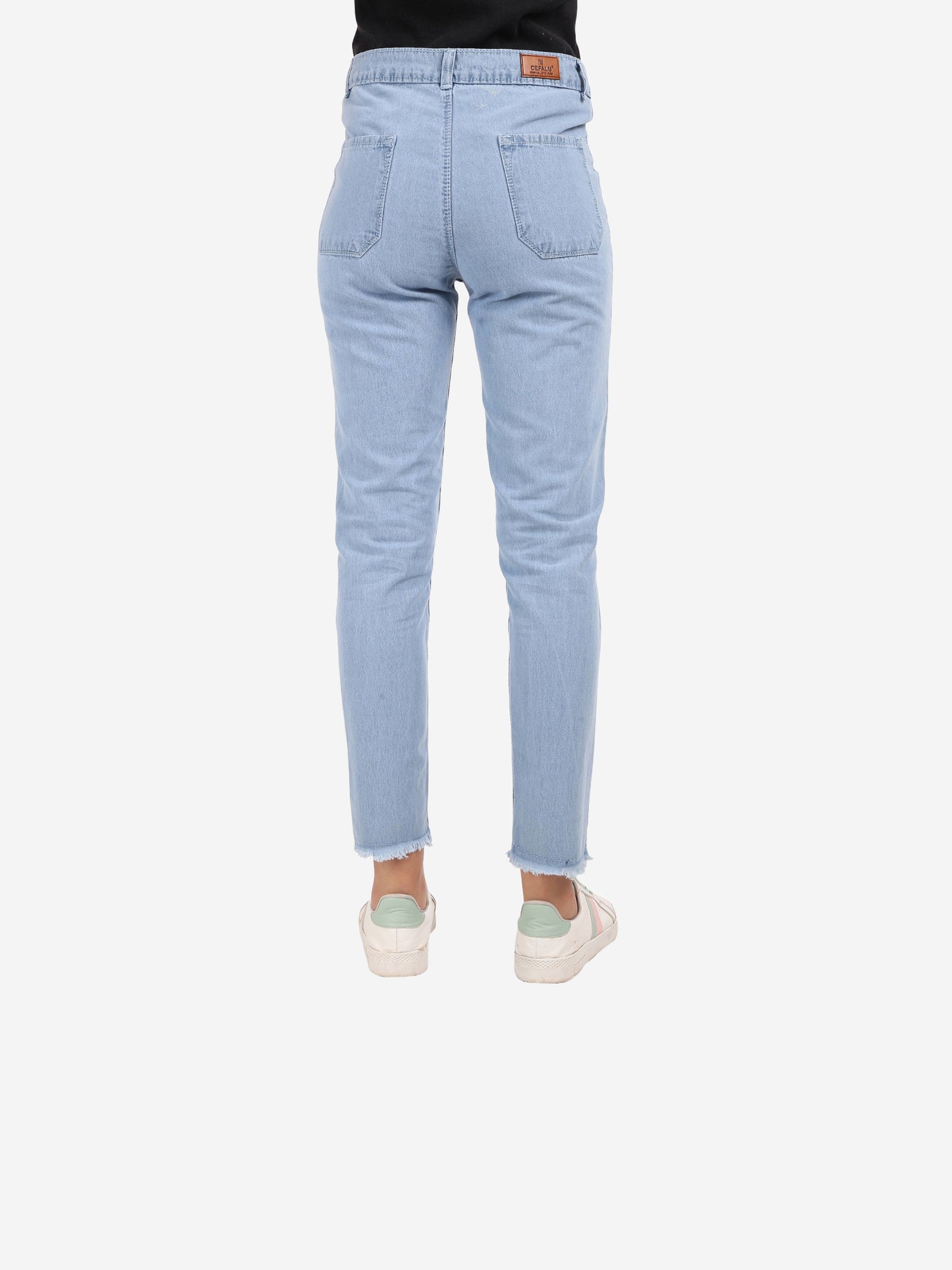 Cefalu Women's Light Blue Mid-Rise Mom Jeans - Back view emphasizing classic design and comfortable mid-rise fit.
