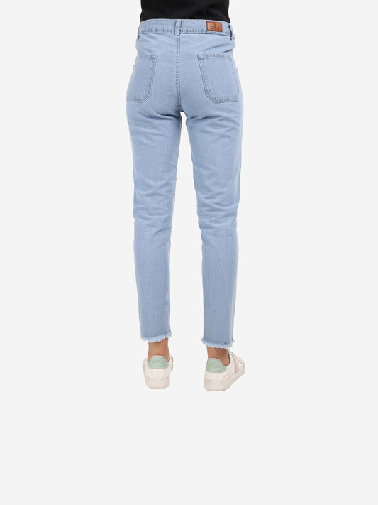 Cefalu Women's Light Blue Mid-Rise Mom Jeans - Back view emphasizing classic design and comfortable mid-rise fit.