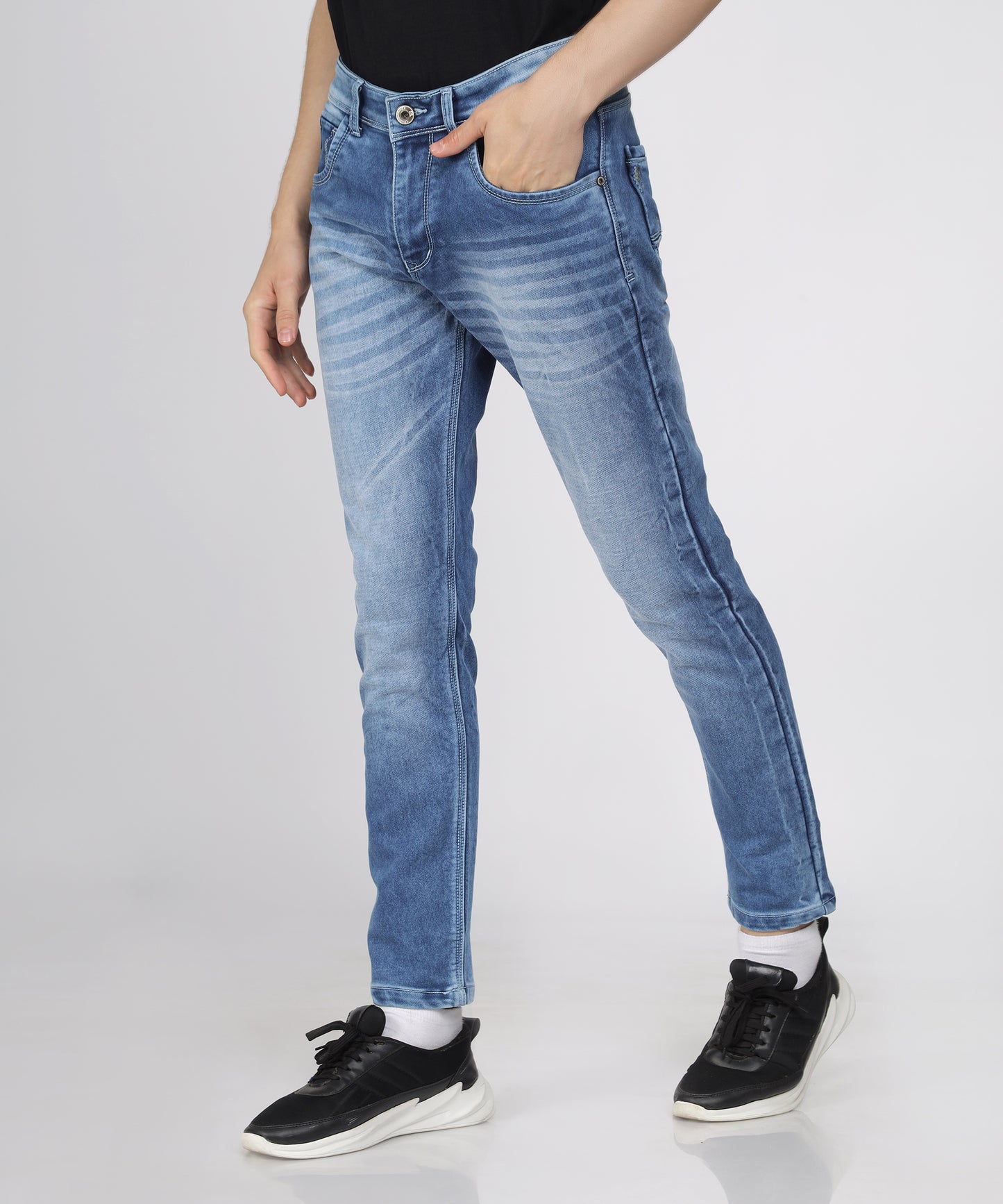 side view of True Colors of India®️ (TCI) Men's Mid Blue Slim Fit Stretchable Cotton knits Jeans with Whisker Details