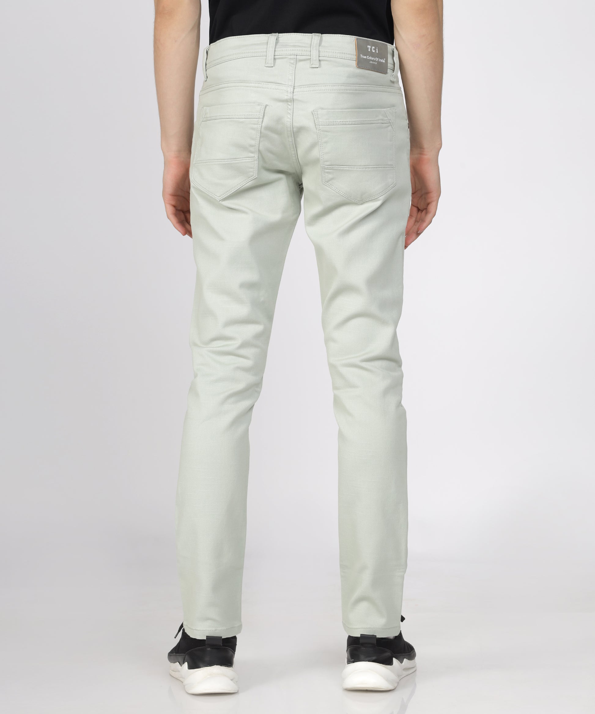 Back view of TCI Men’s Steel Grey Regular Fit Trousers displayed.