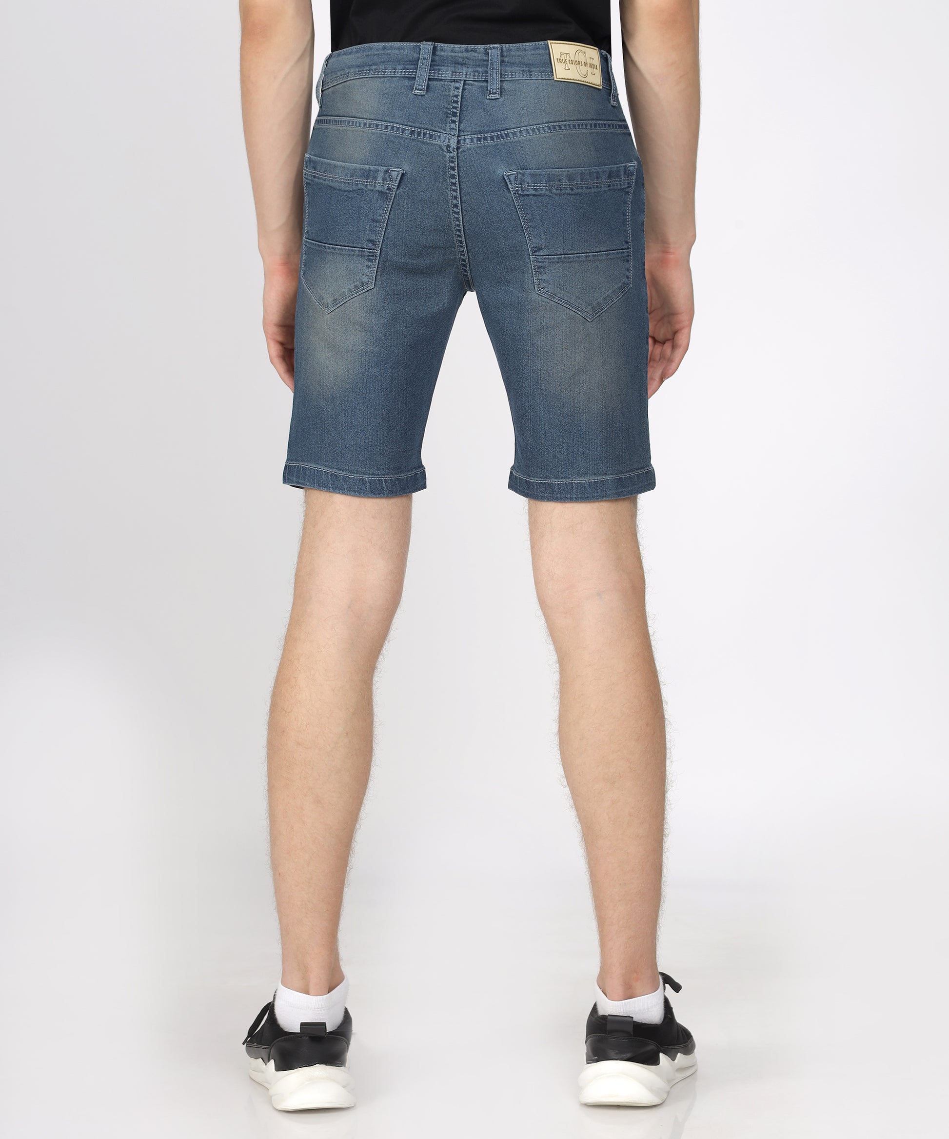 Back View of TCI Men’s Corbon Blue Regular Fit Denim Shorts displayed.