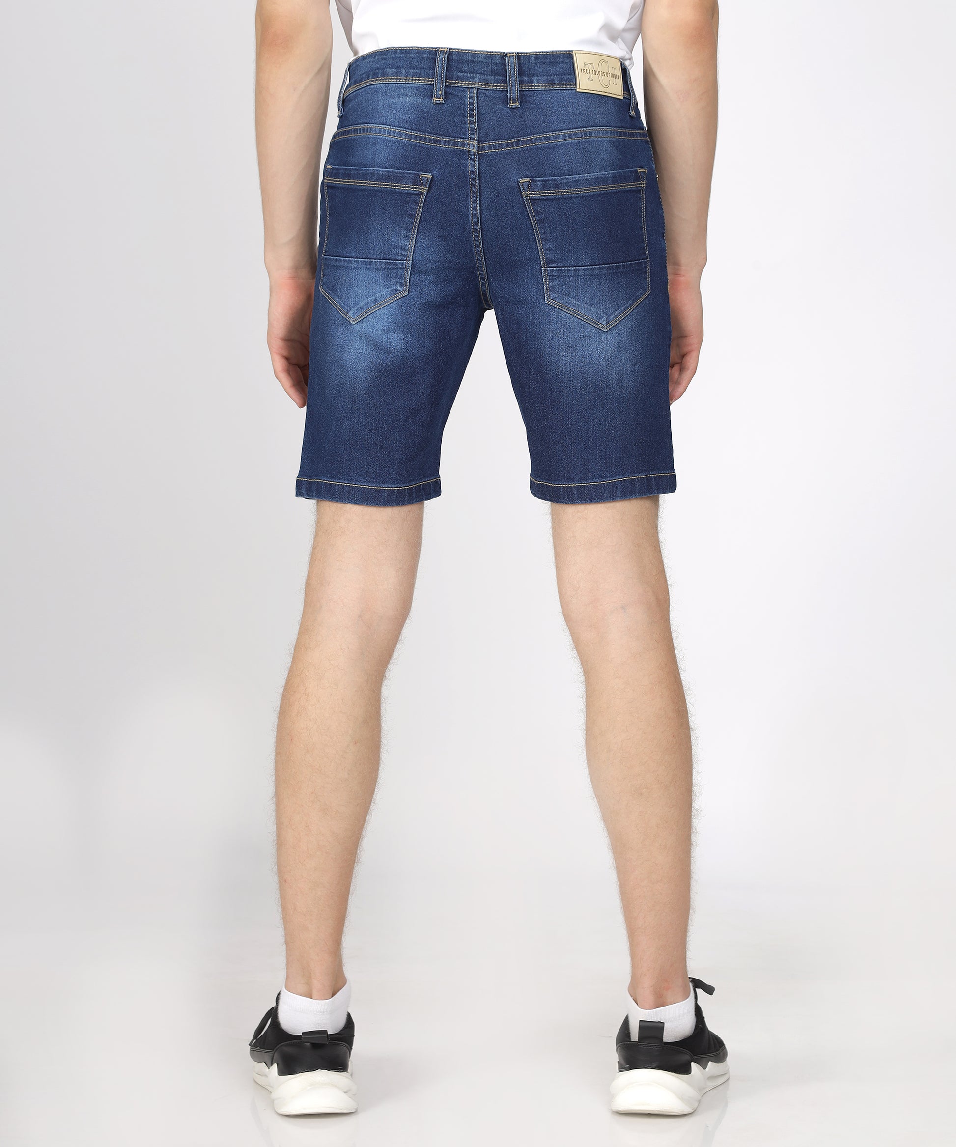 back view of TCI Men’s Mid Blue Regular Fit Denim Shorts displayed.