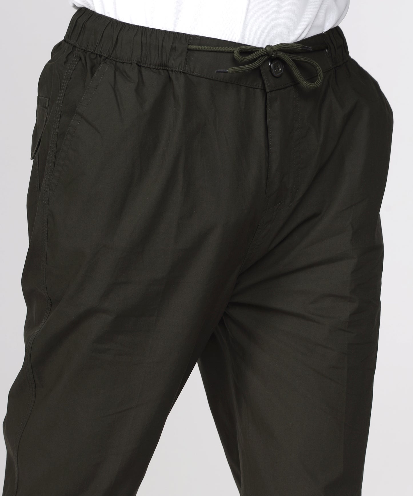 Closeup of TCI Men’s Dark Green Comfort Fit Cotton Trouser Fabric and Details