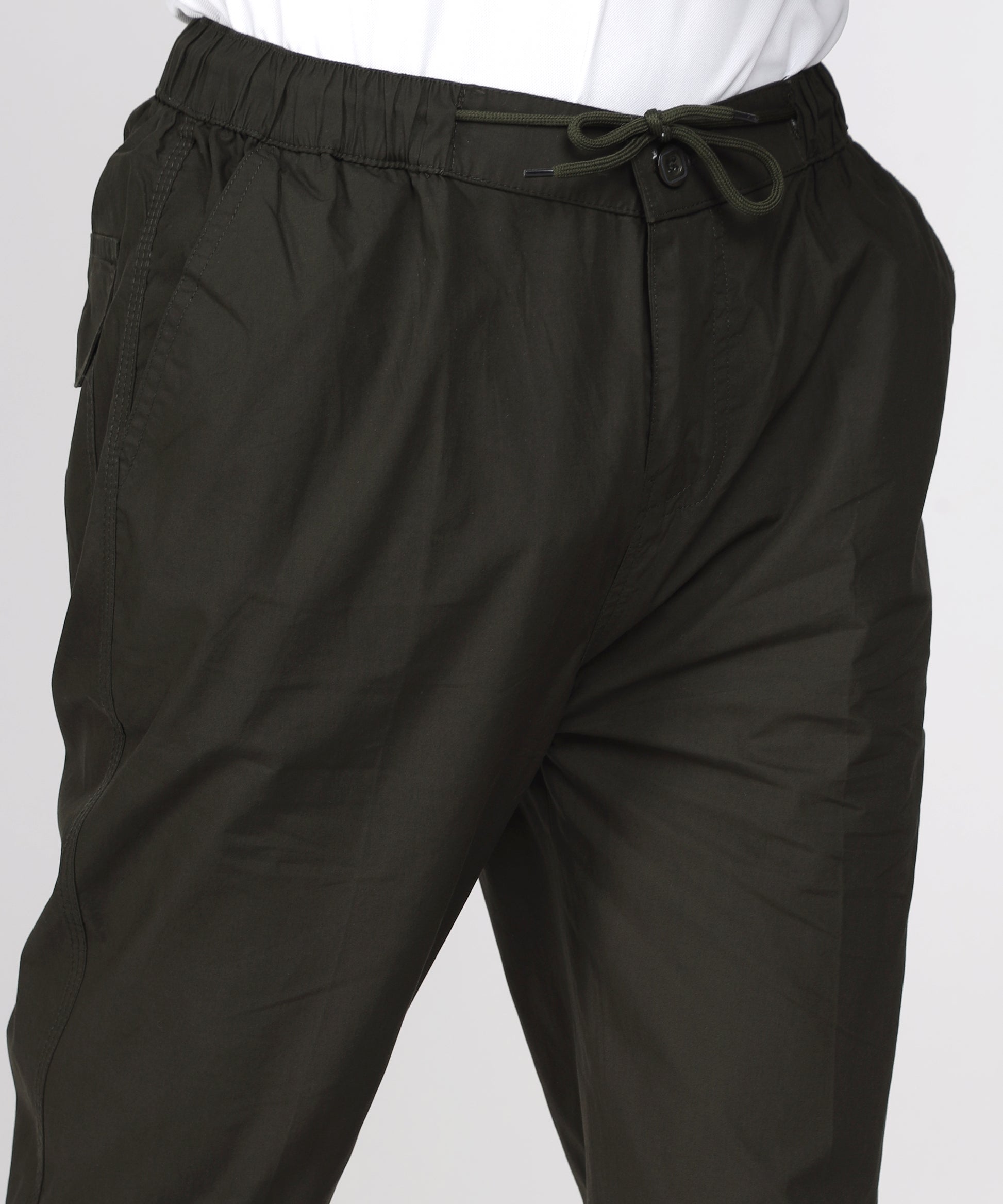 Closeup of TCI Men’s Dark Green Comfort Fit Cotton Trouser Fabric and Details