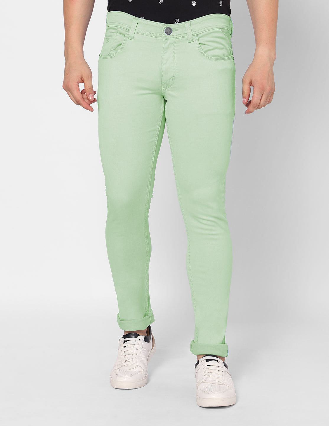 TCI Men’s Light Green Denim Jeans – Front view highlighting the regular fit and mid-rise design.