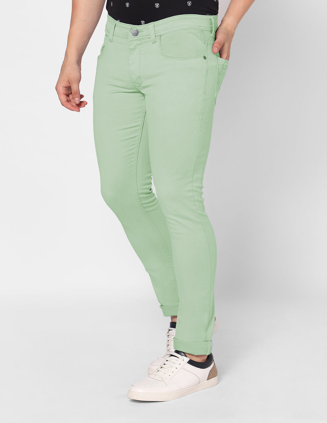 TCI Men’s Light Green Denim Jeans – Side view demonstrating the slim silhouette and mid-rise cut.