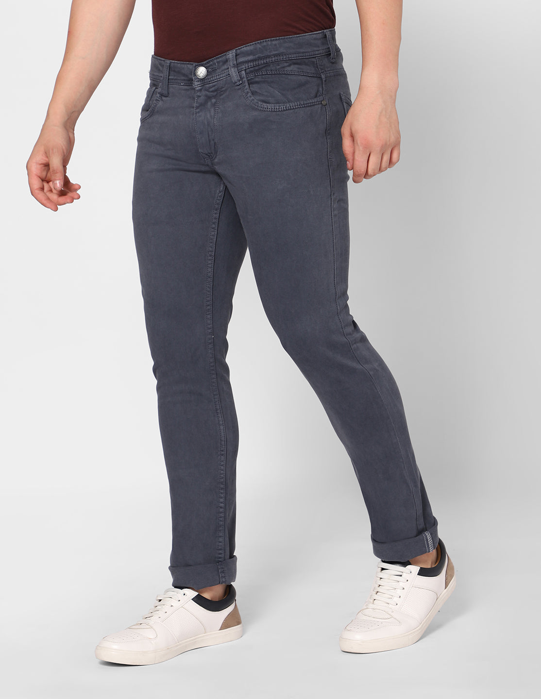 TCI Men’s Grey Denim Jeans – Side view displaying the clean silhouette and mid-rise cut.