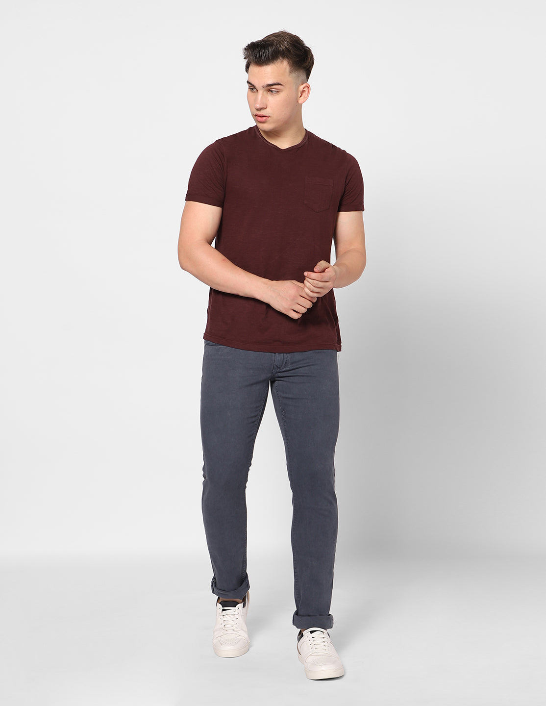 Model wearing TCI Men’s Grey Denim Jeans – Full-body view highlighting the fit and style.