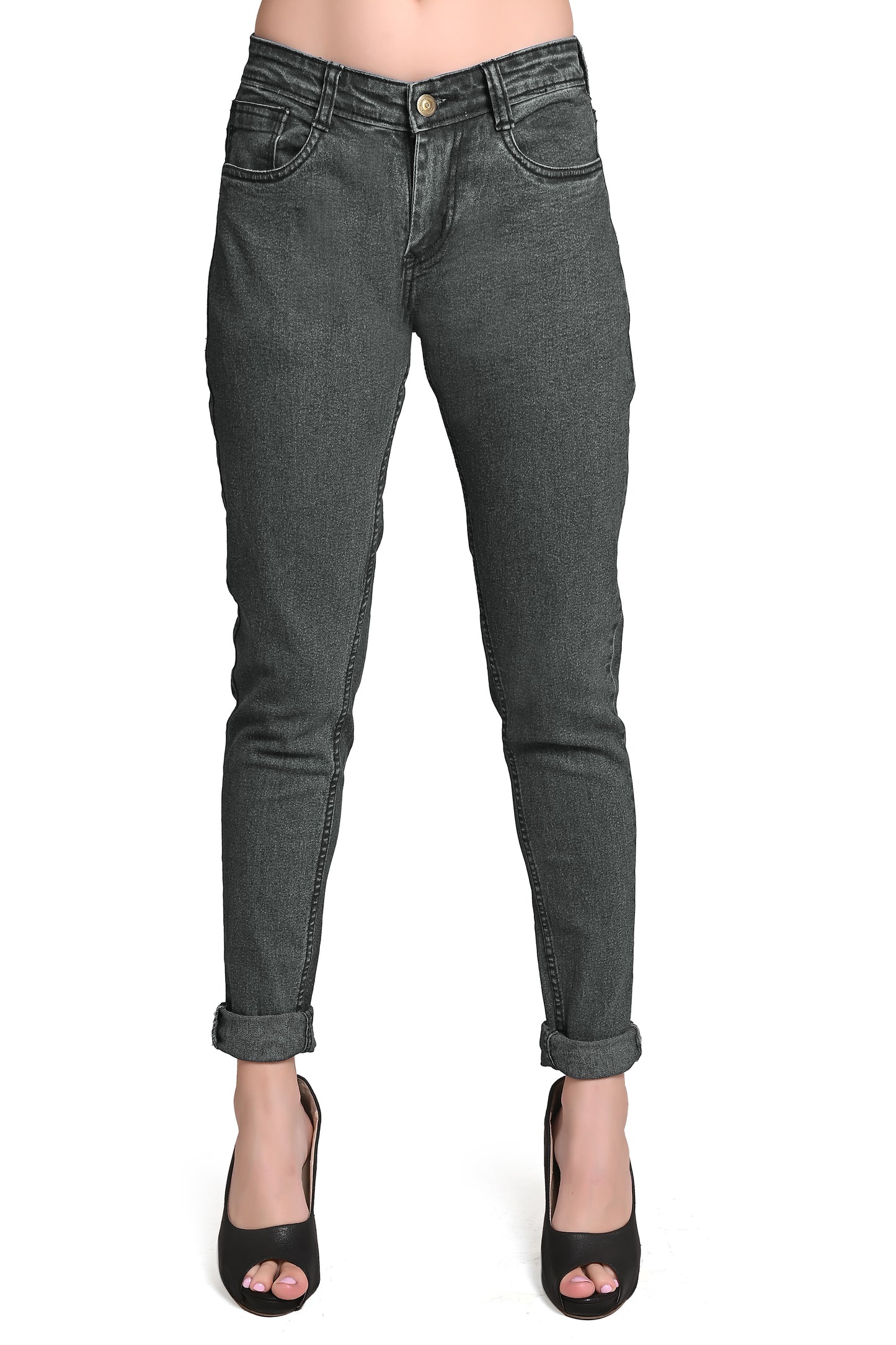 Front view of Cefalu®️ Women’s Gray Denim Jeans, featuring a slim fit and four pockets.