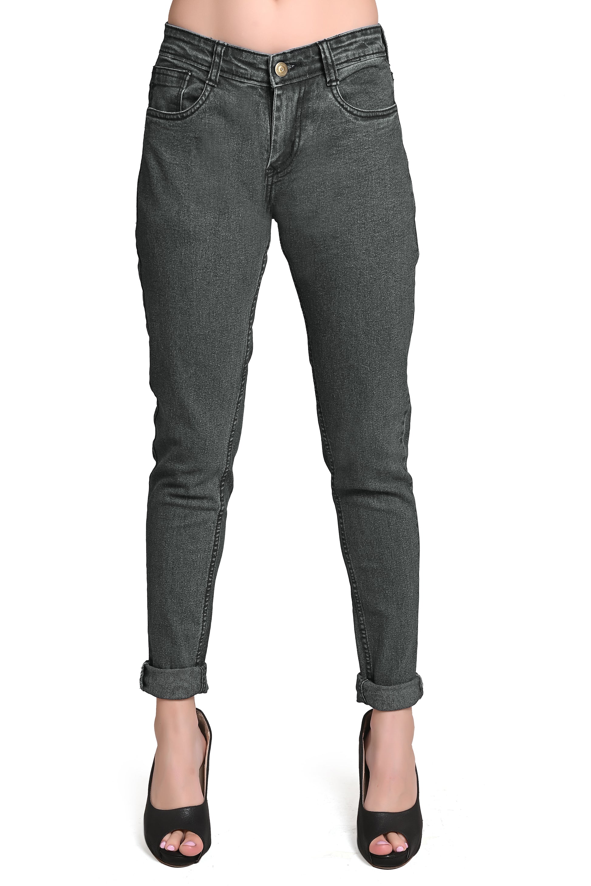 Front view of Cefalu®️ Women’s Gray Denim Jeans, featuring a slim fit and four pockets.