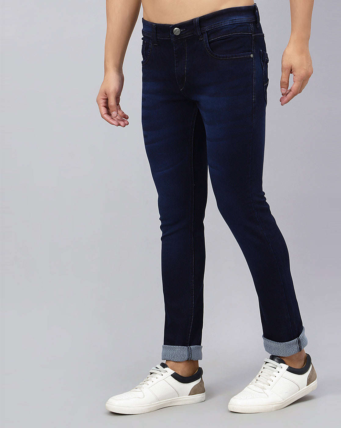 Left side view of True Colors of India®️ (TCI) Men’s Ink Blue Slim Fit Jeans, showing the side profile and slim fit.