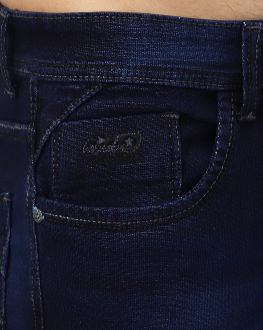 Close-up of the coin pocket on True Colors of India®️ (TCI) Men’s Ink Blue Slim Fit Jeans, showcasing the detailed stitching and classic design.