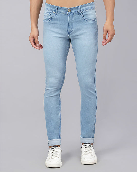 Front view of True Colors of India®️ light blue jeans for men, showcasing a regular fit and solid color.