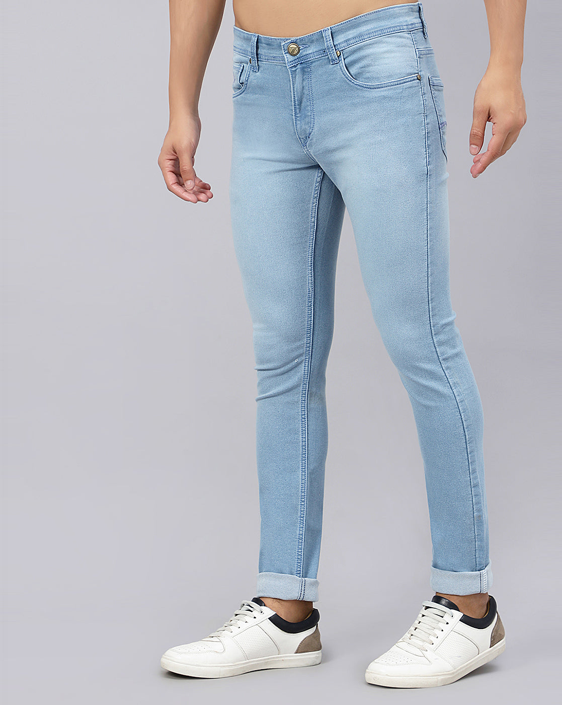 Side view of True Colors of India®️ light blue jeans for men, highlighting the sleek design and regular fit.