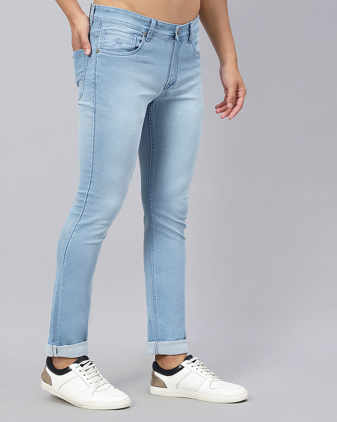 side pocket and coin pocket on True Colors of India®️ light blue jeans for men, showing practical design and convenient storage.