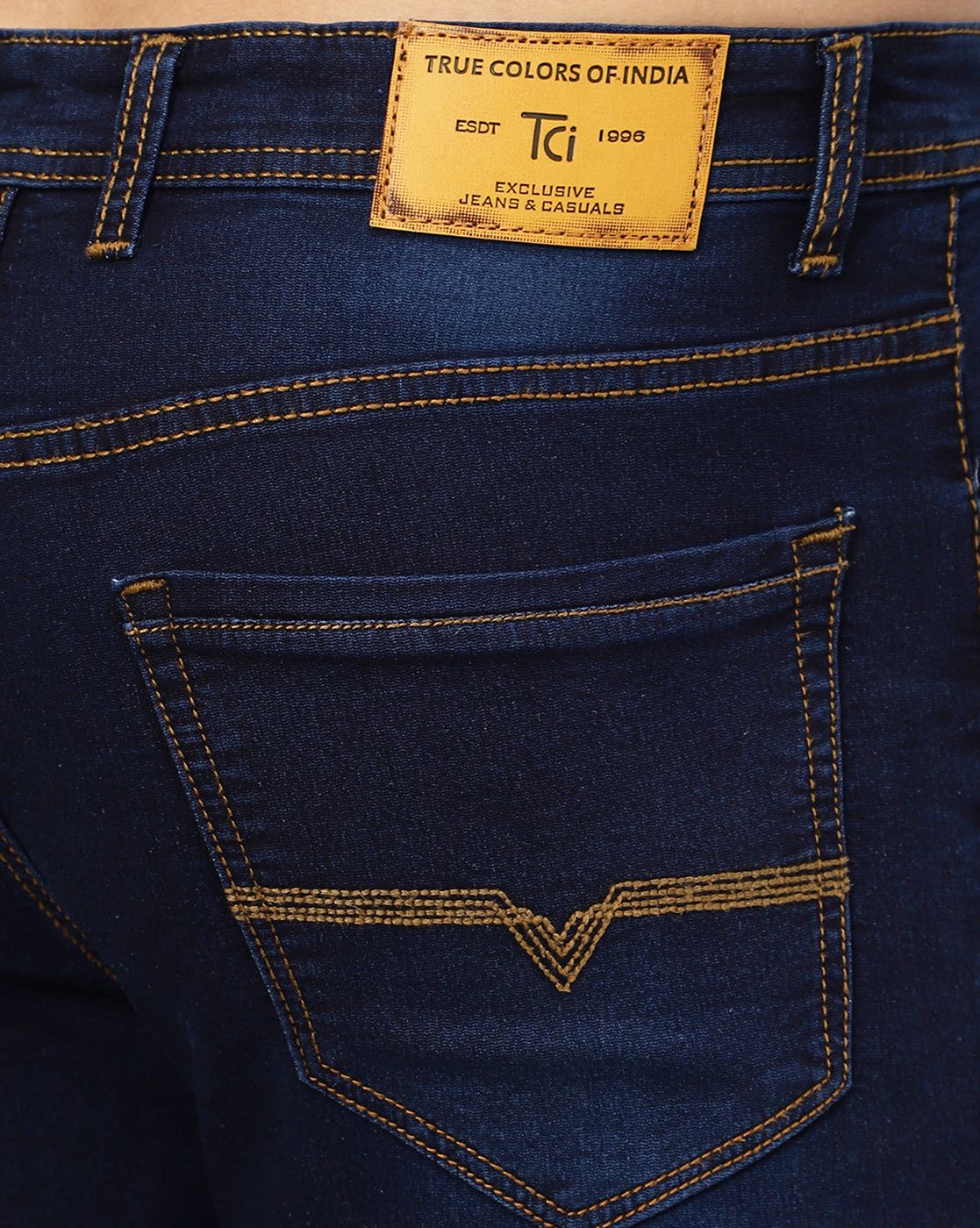 closeup view of fabric and back pocket True Colors of India (TCI) Regular Men Dark Blue Jeans