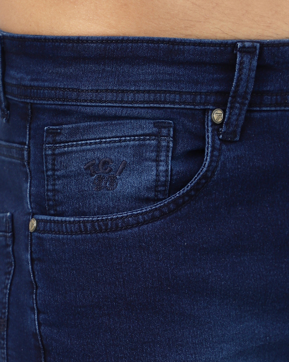 closeup view of fabric, coin pocket & embroidery True Colors of India (TCI) Regular Men Blue Denim Jeans