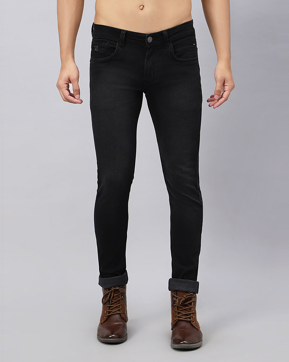 Front view of TCI Men's Stylish Black Denim Jeans showing a regular fit and sleek black color.