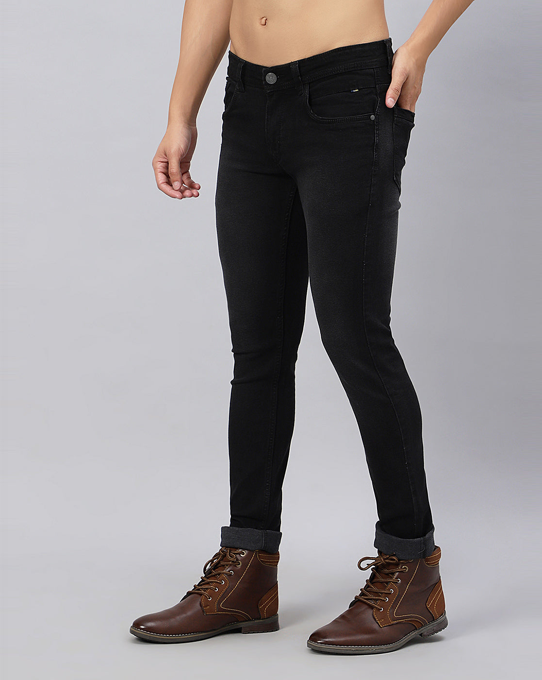 Side view of TCI Men's Stylish Black Denim Jeans featuring the slim profile and clean lines.