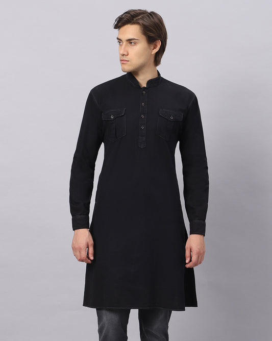 Full front view of TCI Men’s Black Denim Cotton Kurta, showcasing solid black color and knee-length design.