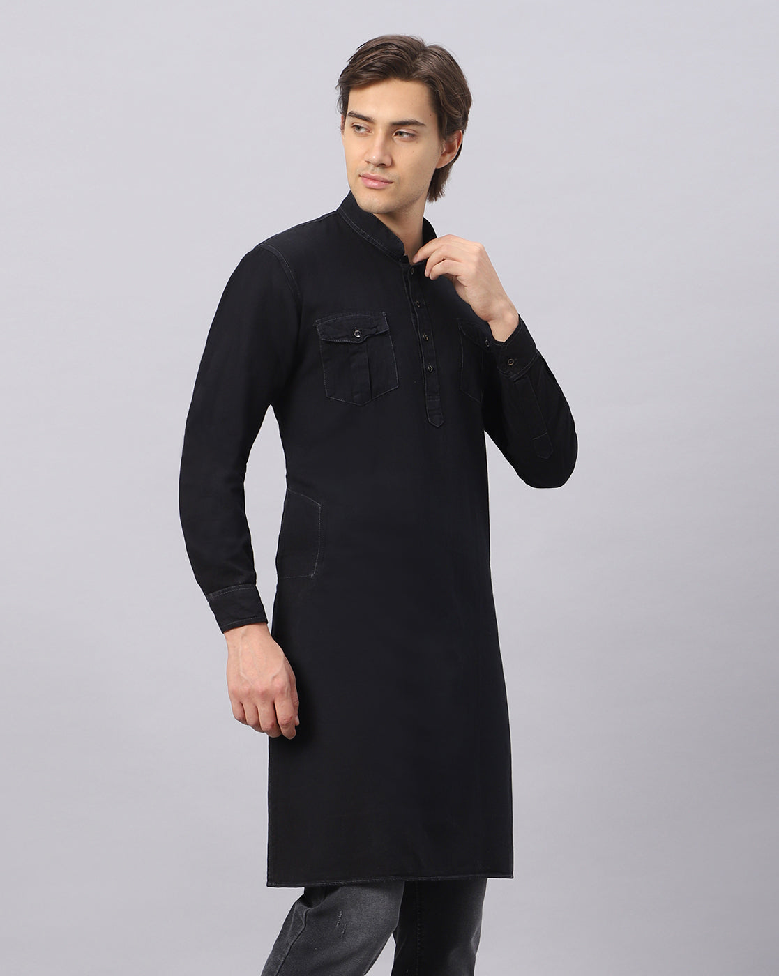 True Colors of India®️ (TCI) Men's Jet Black Denim Long Kurta | Kurta Shirt for Men | 100453 | Solid, Full Sleeve, Mandarin Neck | Available in M, L, XL, XXL