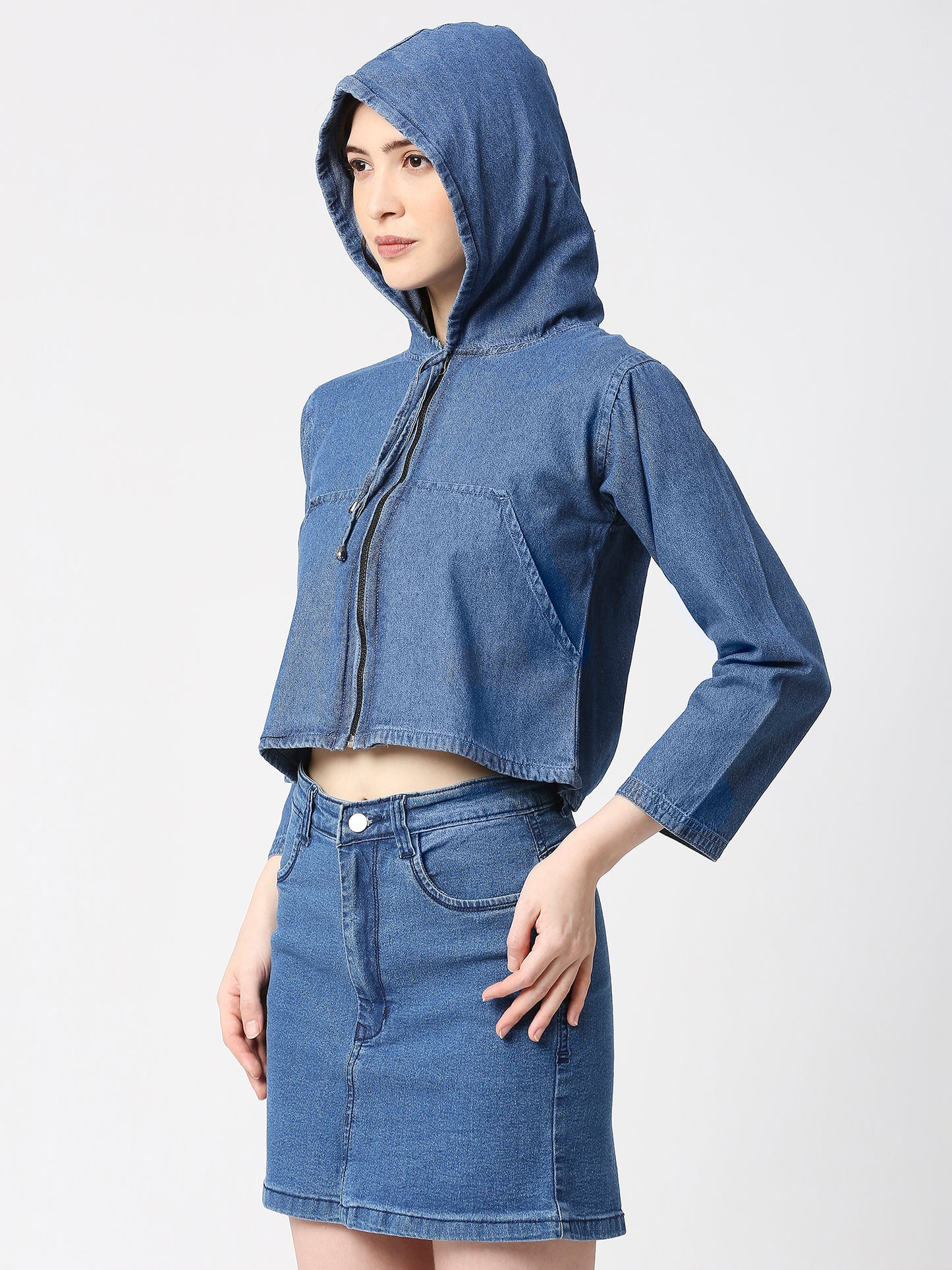 Cefalu®️ Women Denim Crop Top Hoodie