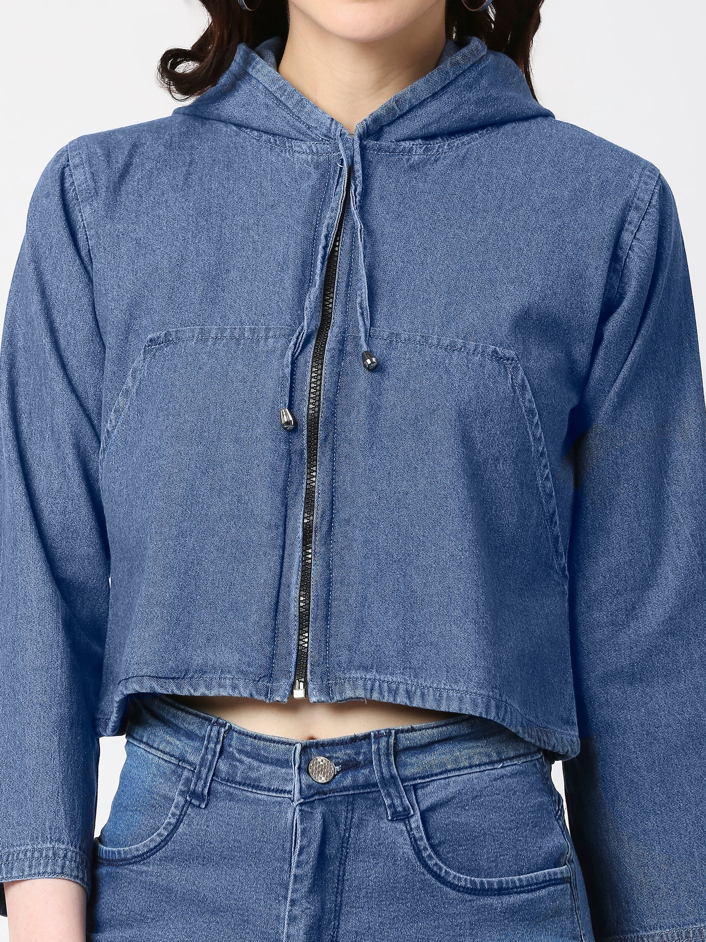 Cefalu®️ Women Denim Crop Top Hoodie