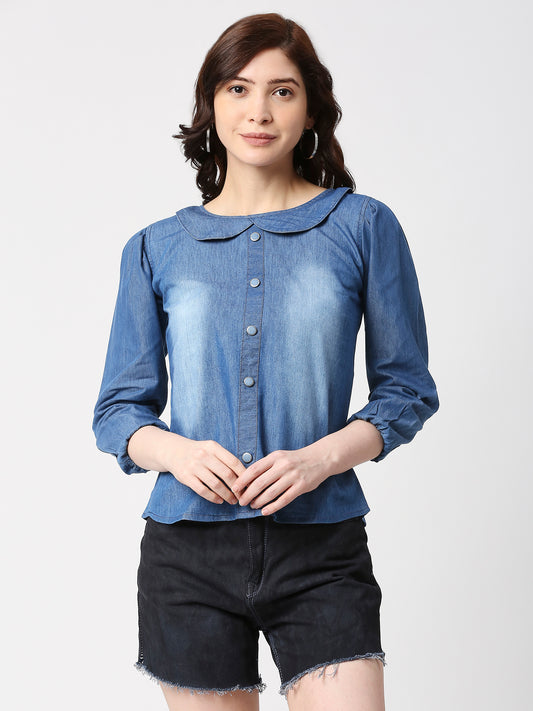 Cefalu®️ Women Denim Cotton Balloon 3/4sleeve Top